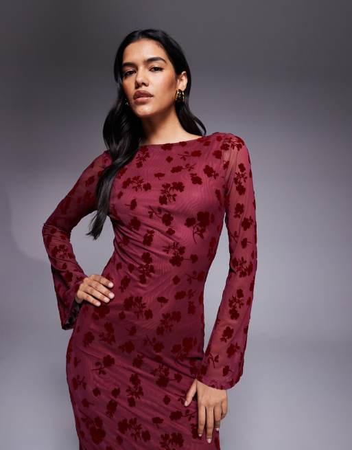 ASOS DESIGN floral flock maxi dress with flute sleeve detail in burgundy