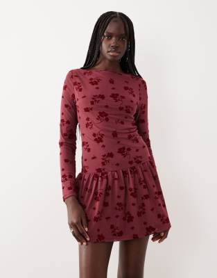 Asos Design Floral Flocked Dropped Hem Mesh Mini Dress In Burgundy