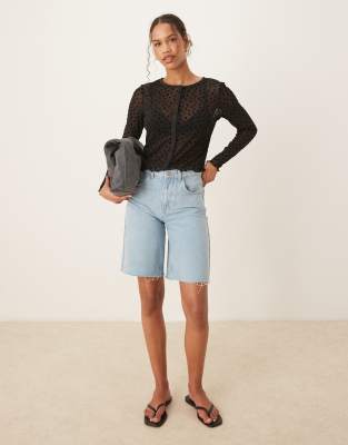 Asos Design Floral Flocked Mesh Button Up Long Sleeve Top