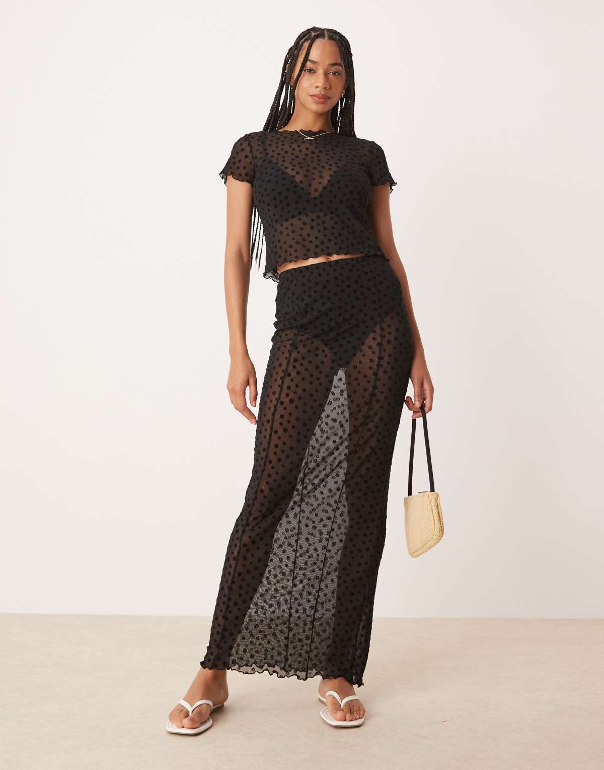 ASOS DESIGN floral flocked mesh maxi skirt in black