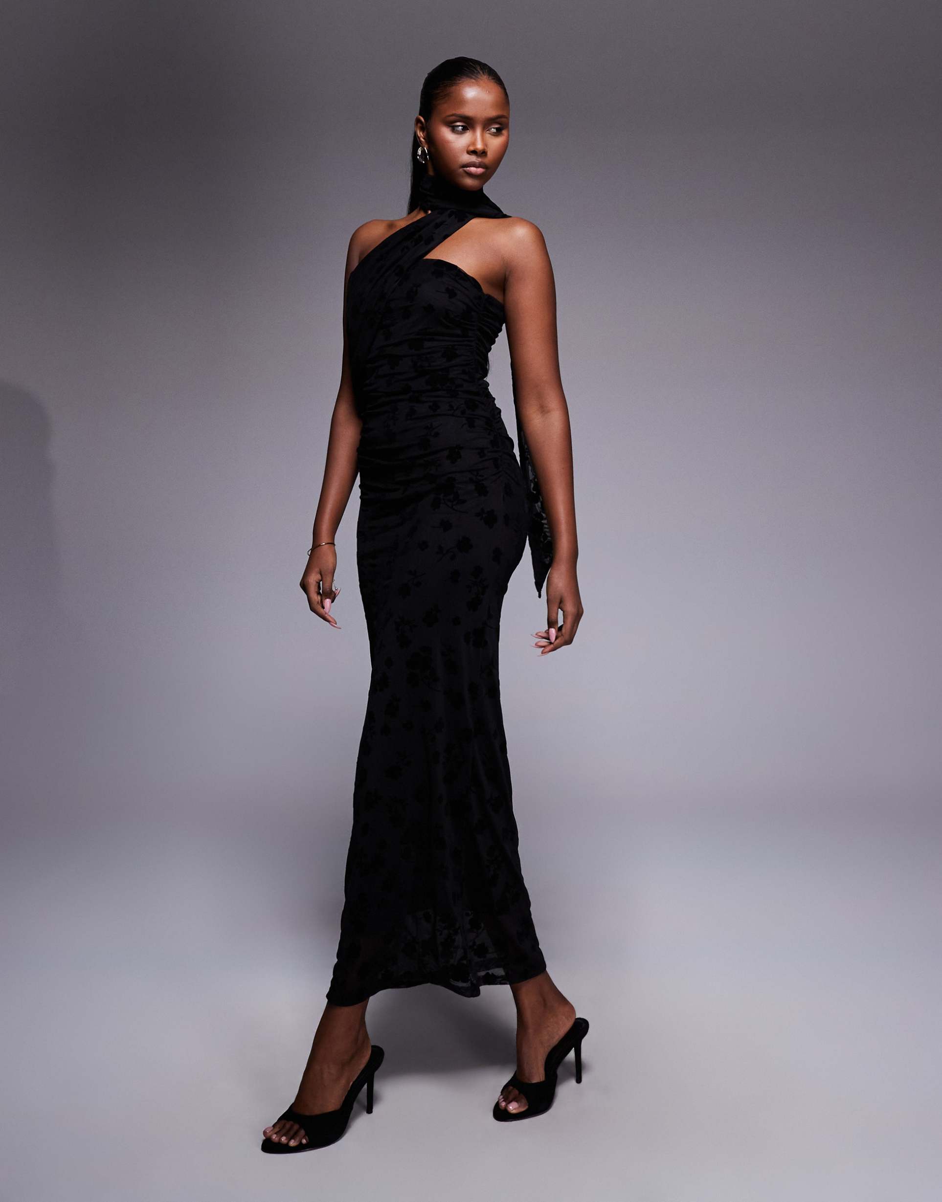 asos design floral flocked mesh scarf detail bandeau maxi dress in black