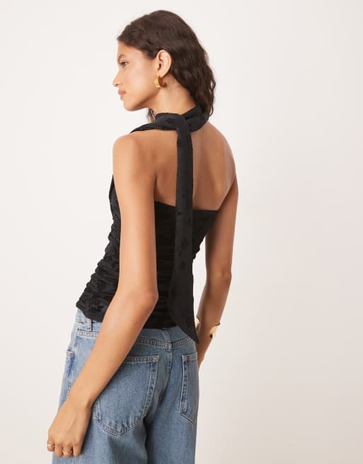 ASOS DESIGN floral flocked mesh scarf wrap around bandeau top in black, 4 of 4