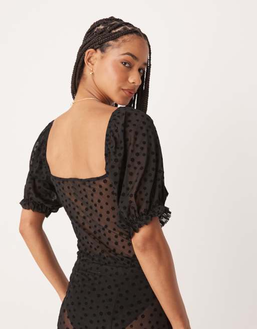 ASOS DESIGN floral flocked mesh short sleeve bodysuit with ruffle details in black, 2 of 4