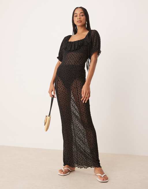 ASOS DESIGN floral flocked mesh short sleeve bodysuit with ruffle details in black, 3 of 4