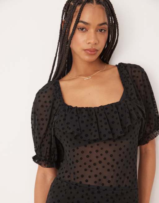 ASOS DESIGN floral flocked mesh short sleeve bodysuit with ruffle details in black, 4 of 4