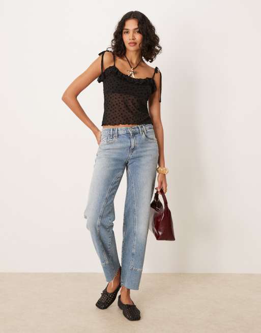 ASOS DESIGN floral flocked mesh tie strap crop cami top in black, 2 of 4