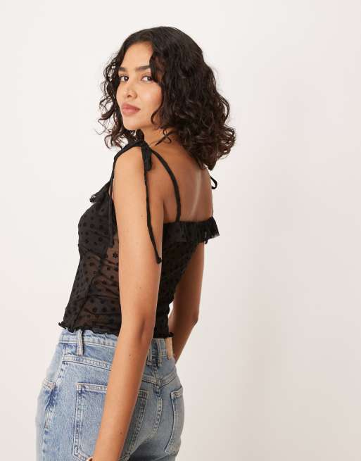 ASOS DESIGN floral flocked mesh tie strap crop cami top in black, 3 of 4