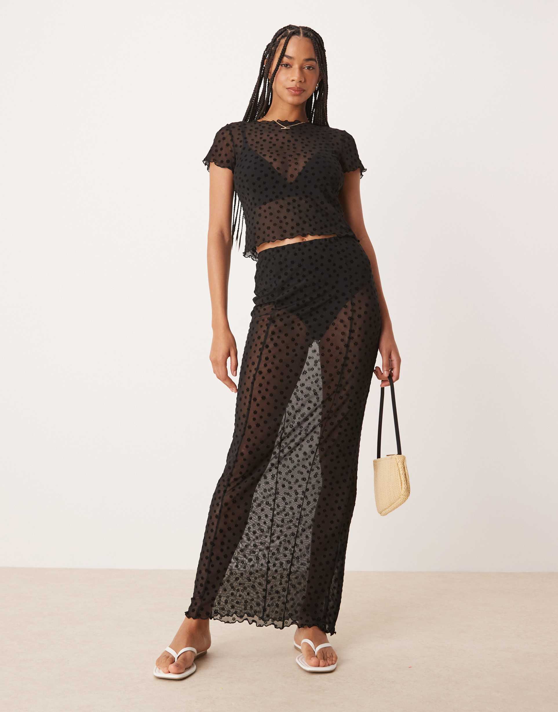 asos design floral flocked sheer mesh maxi skirt in black