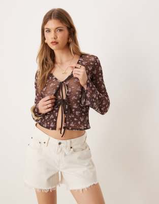 Asos Design Floral Flocked Sheer Tie Front Top