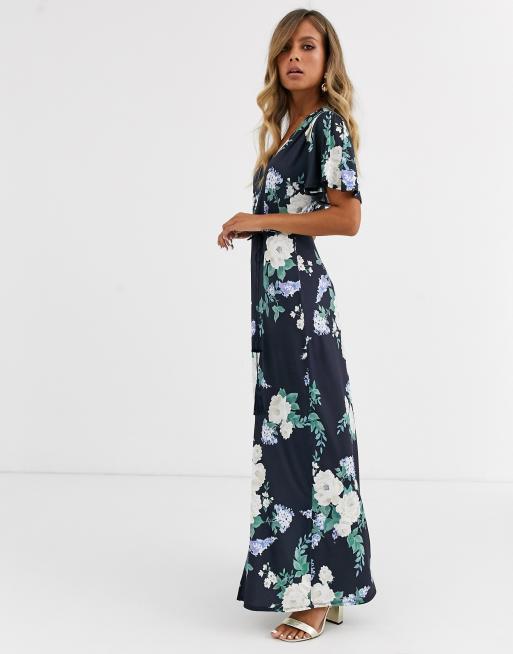 ASOS DESIGN floral flutter sleeve maxi dress with tassle belt