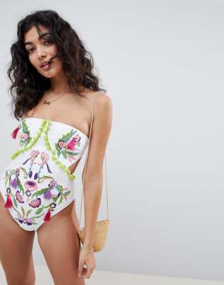 Embroidered Bandeau Strapless Swimsuit