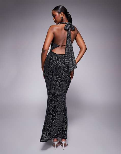 ASOS DESIGN floral hotfix sleeveless high neck maxi dress in black - view 1