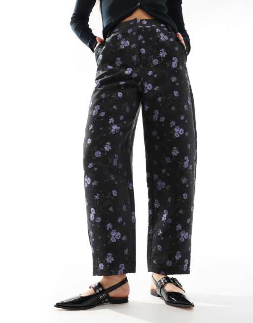 ASOS DESIGN floral jacquard arch leg tailored pants in black