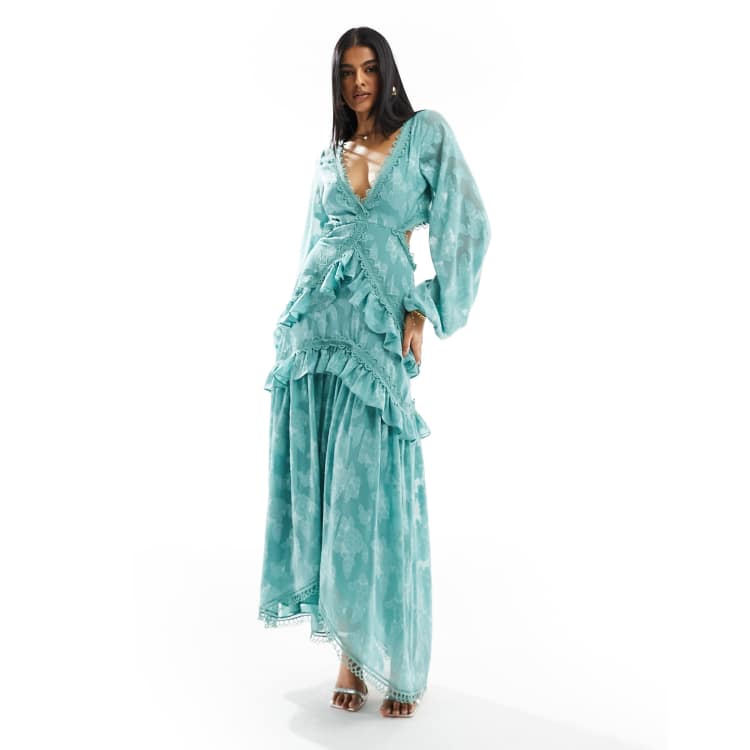 asos green jacquard dress DESIGN floral cut out midi in sea $150 to $300