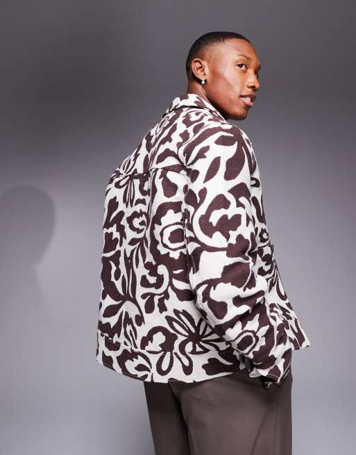 ASOS DESIGN floral jacquard harrington jacket in brown