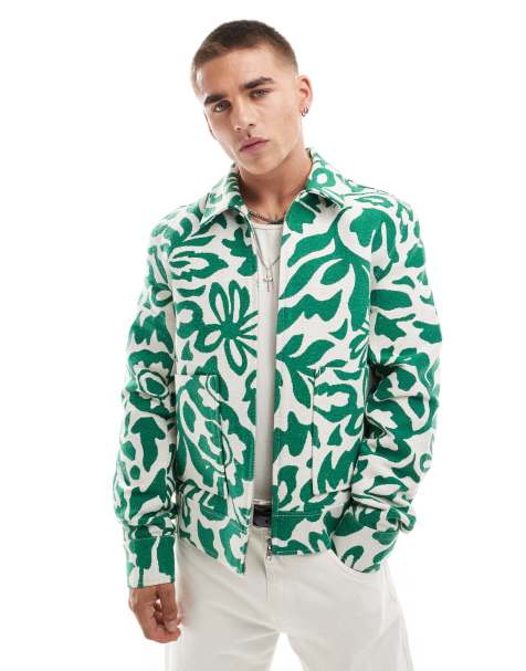 ASOS DESIGN floral jacquard harrington jacket in green - view 1