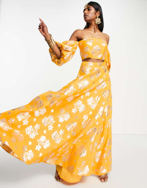 ASOS DESIGN floral jacquard maxi lehenga skirt co-ord in apricot