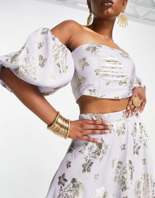 ASOS DESIGN floral jacquard maxi lehenga skirt co-ord in lilac, 3 of 4