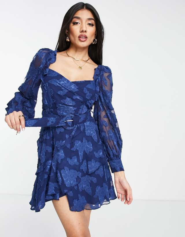 ASOS DESIGN floral jacquard mini dress with ruffle detail and belt in blue