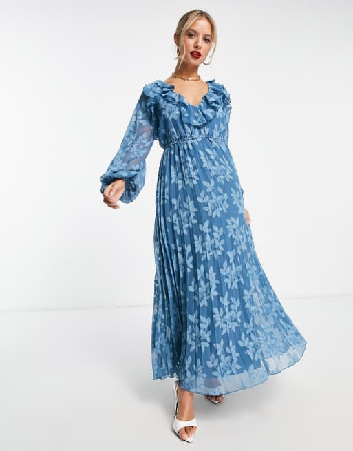 ASOS DESIGN floral jacquard pleated midi dress with ruffle neck and open  back in deep blue | ASOS