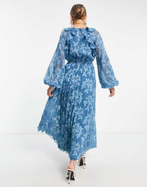 ASOS DESIGN floral jacquard pleated midi dress with ruffle neck and open  back in deep blue