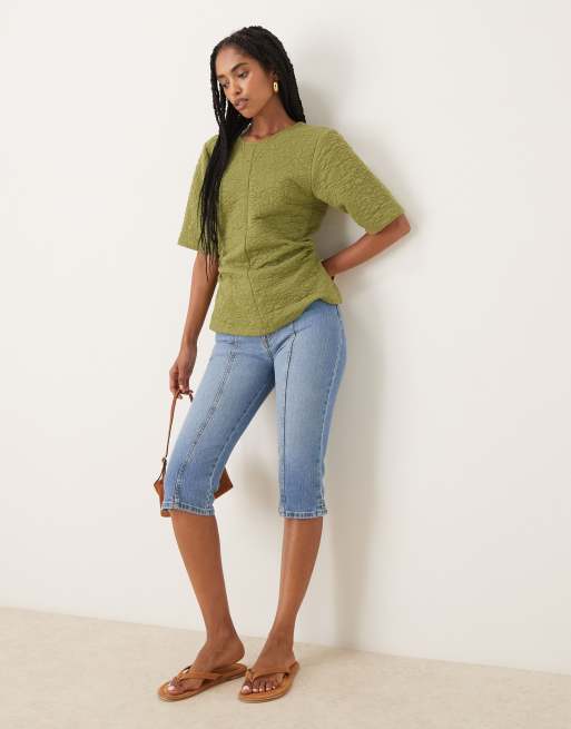 ASOS DESIGN floral jacquard top with ruched waist detail in olive, 2 of 4
