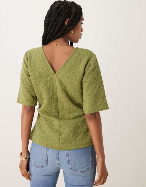 ASOS DESIGN floral jacquard top with ruched waist detail in olive, 3 of 4