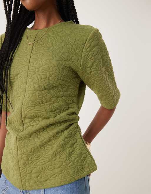 ASOS DESIGN floral jacquard top with ruched waist detail in olive, 4 of 4