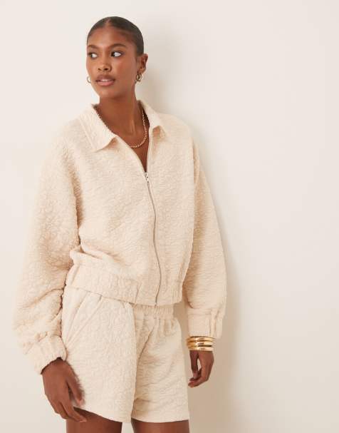 ASOS DESIGN floral jacquard zip through jacket in cream - view 1