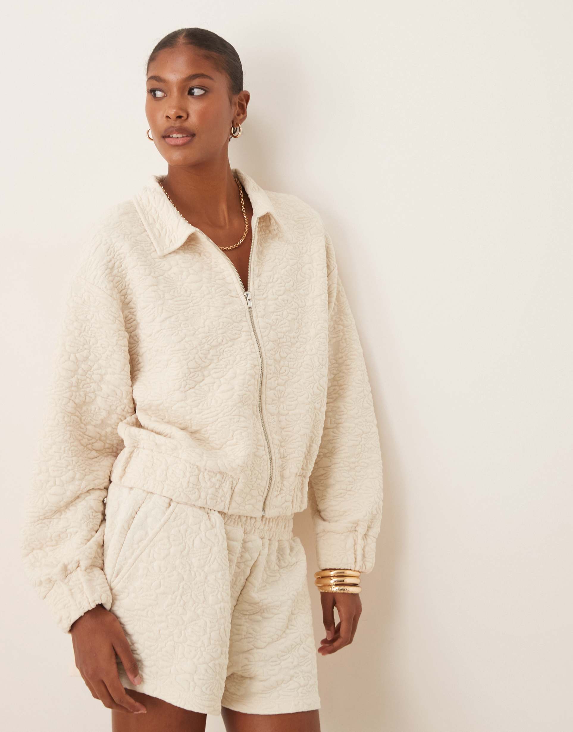 asos design floral jacquard zip up jacket in cream