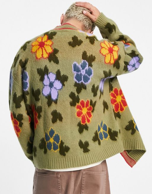 ASOS DESIGN floral knit cardigan in khaki | ASOS