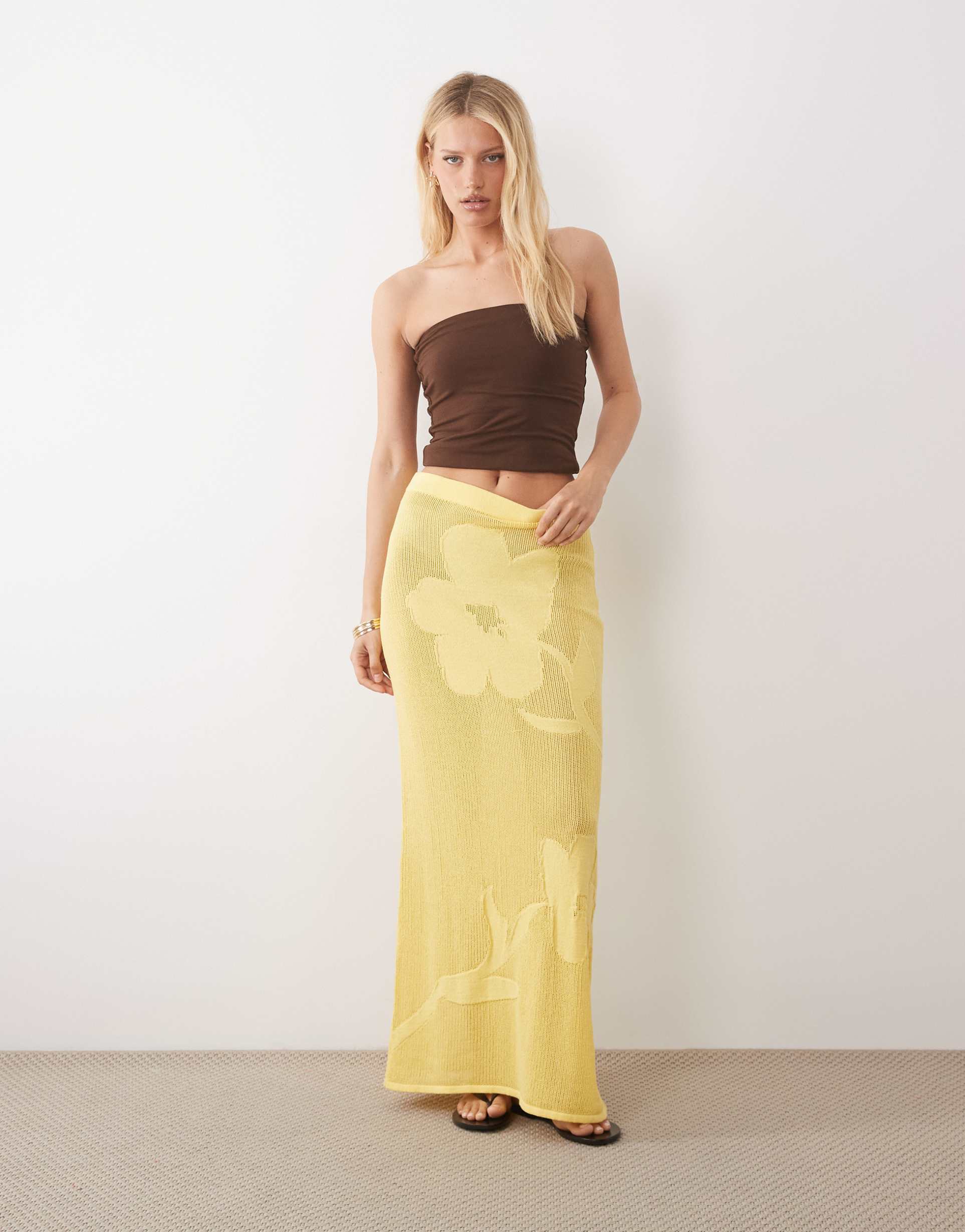 asos design floral knit maxi skirt in buttermilk