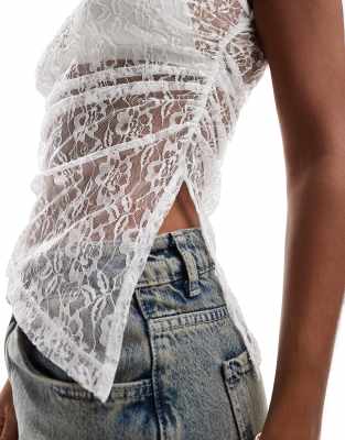Asos Design Floral Lace Asymmetric Top In White