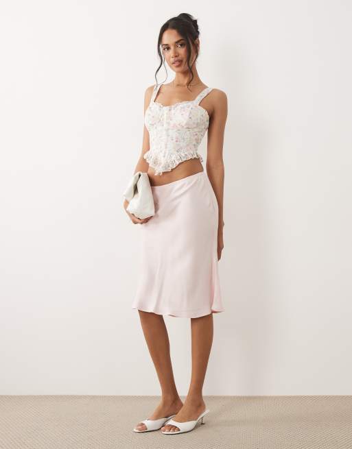 ASOS DESIGN floral lace corset top with ruffle hem in pink floral, 2 of 4