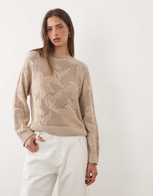 ASOS DESIGN floral lace knit jumper in stone, 2 of 4