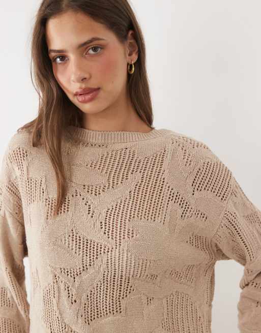 ASOS DESIGN floral lace knit jumper in stone, 3 of 4