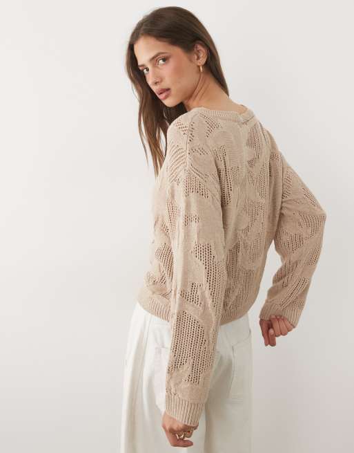ASOS DESIGN floral lace knit jumper in stone, 4 of 4