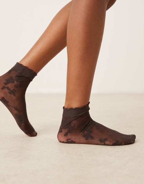 ASOS DESIGN floral lace socks in dark brown - view 1
