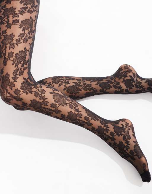 Black floral lace tights best sale