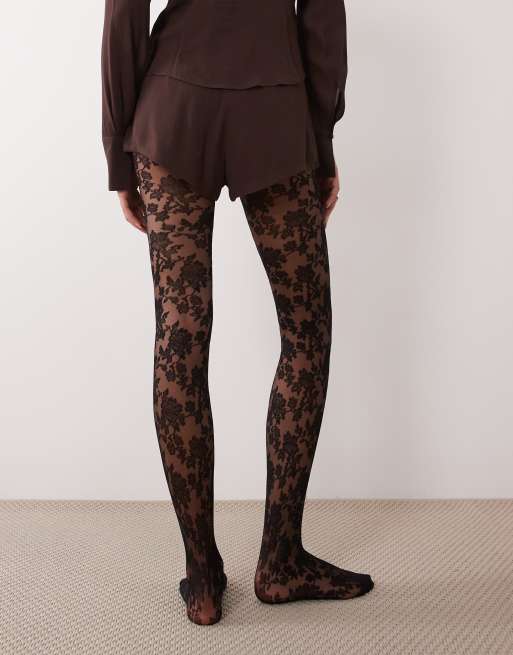 ASOS DESIGN floral lace tights in black, 3 of 3