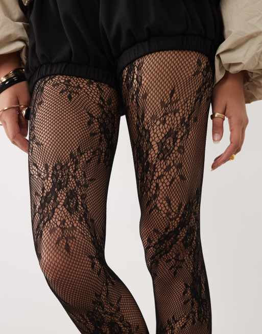 ASOS DESIGN floral lace tights in black, 2 of 3