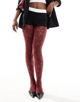 ASOS DESIGN floral lace tights in burgundy