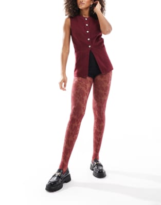 floral lace tights in burgundy-Red