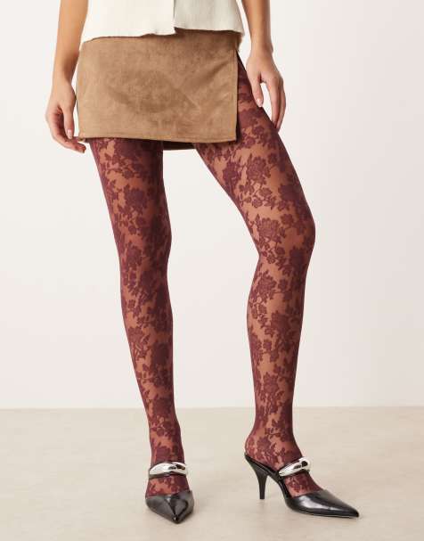 ASOS DESIGN floral lace tights in burgundy - view 1