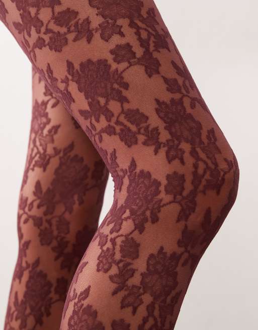 ASOS DESIGN floral lace tights in burgundy, 2 of 3