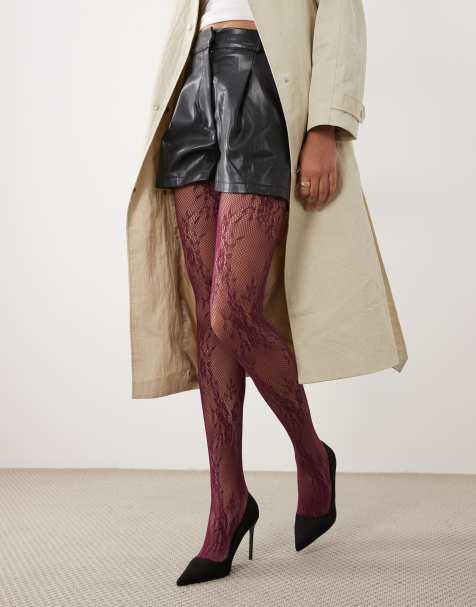 ASOS DESIGN floral lace tights in burgundy - view 1