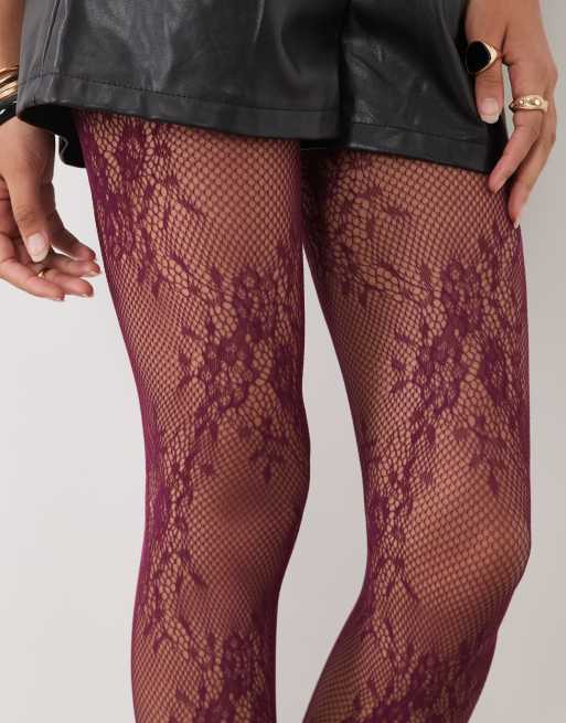 ASOS DESIGN floral lace tights in burgundy, 2 of 3
