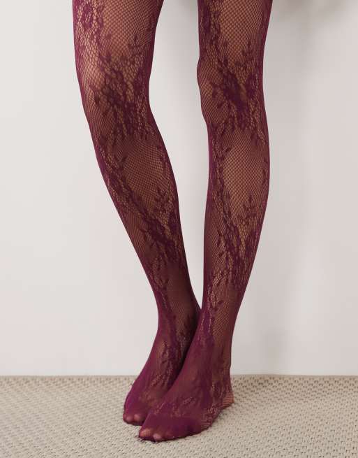 ASOS DESIGN floral lace tights in burgundy, 3 of 3