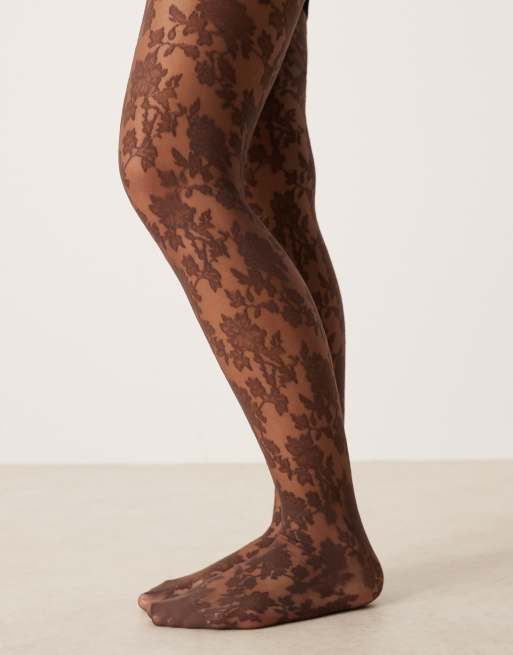 ASOS DESIGN floral lace tights in dark brown