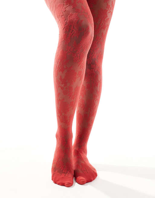 ASOS DESIGN floral lace tights in red, 3 of 4